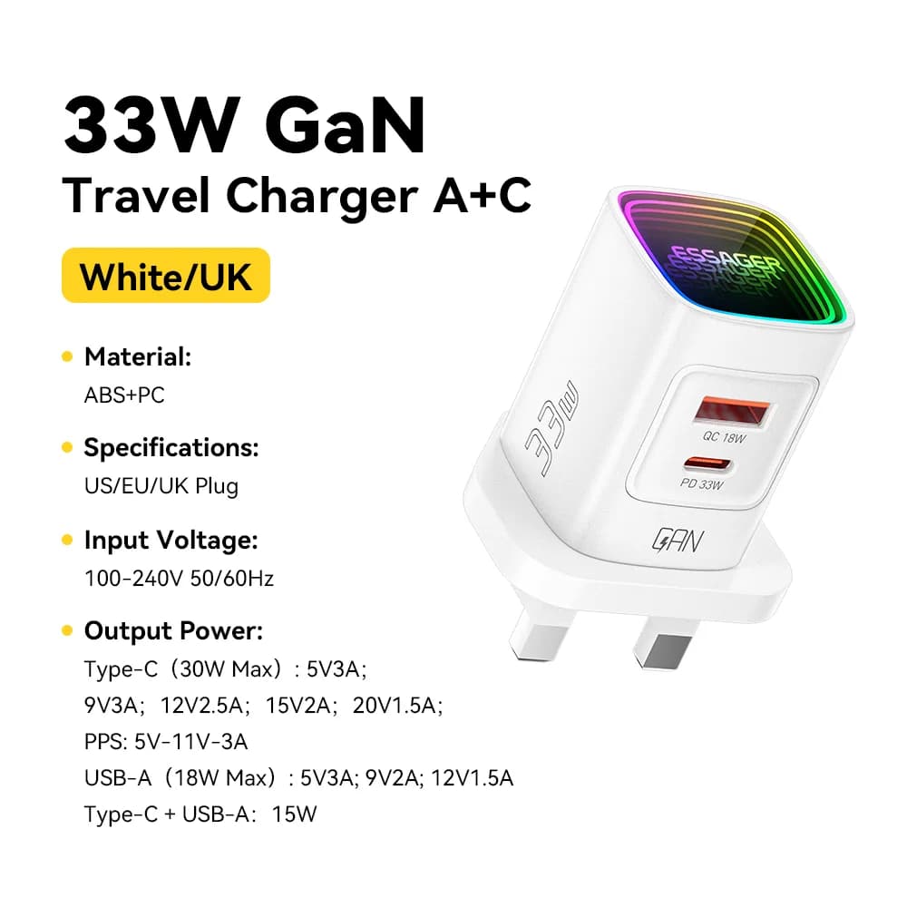 33W GaN USB-C PD kaasas kantav laadija