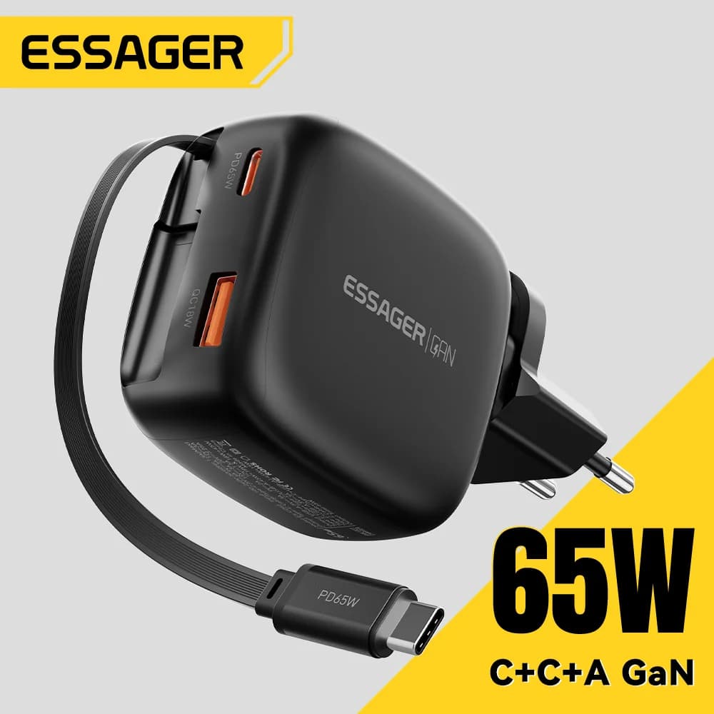 65W GaN laadija kokkupandava 3-in-1 USB-C kaabliga
