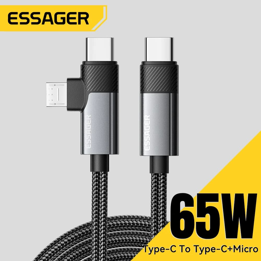 2-in-1 65W PD kiirlaadimiskaabel Type-C/USB-A Micro-le