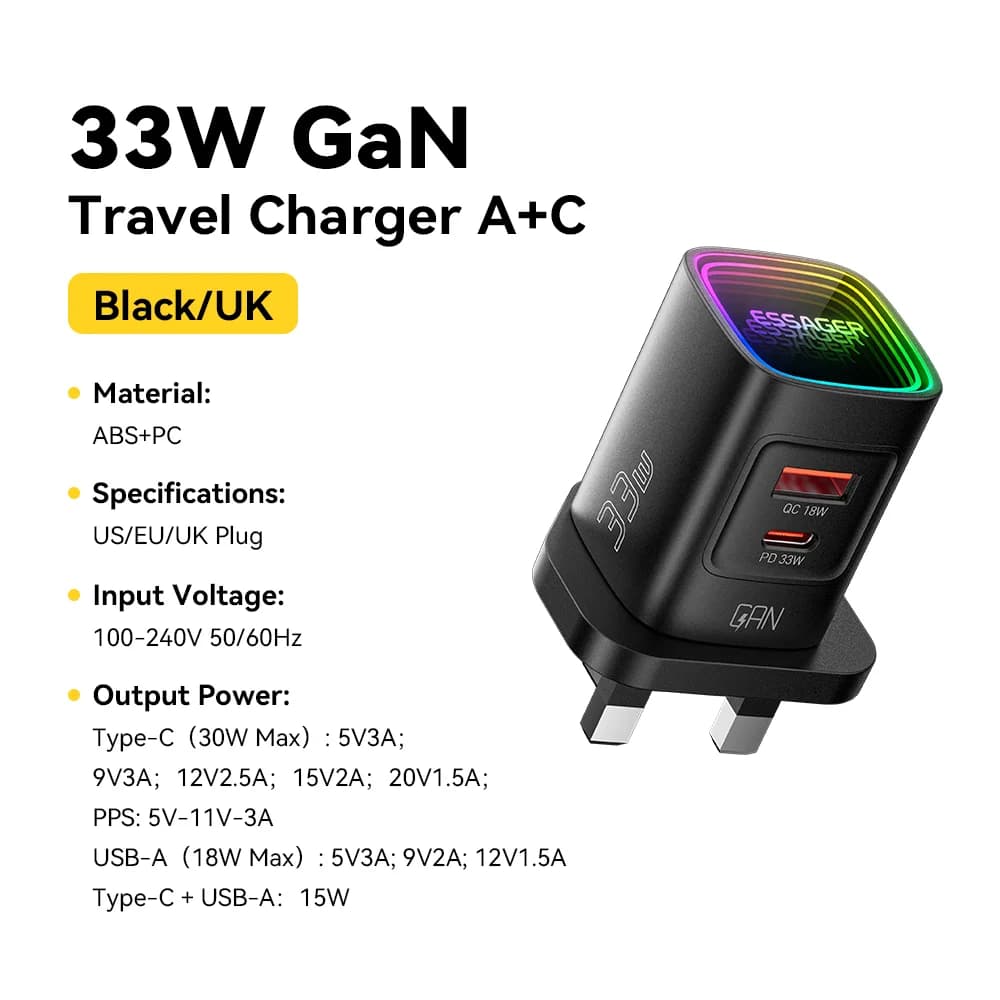33W GaN USB-C PD kaasas kantav laadija