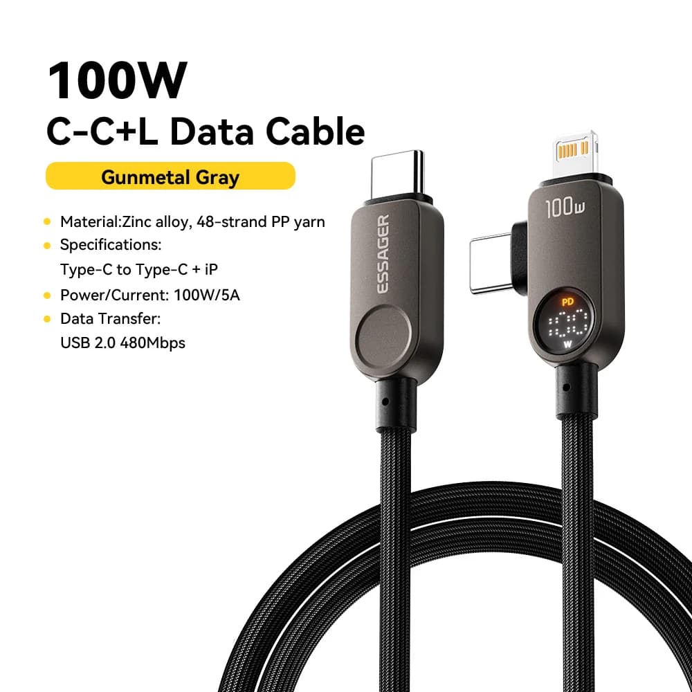 2-in-1 USB-C Lightning kaabel, 100W PD