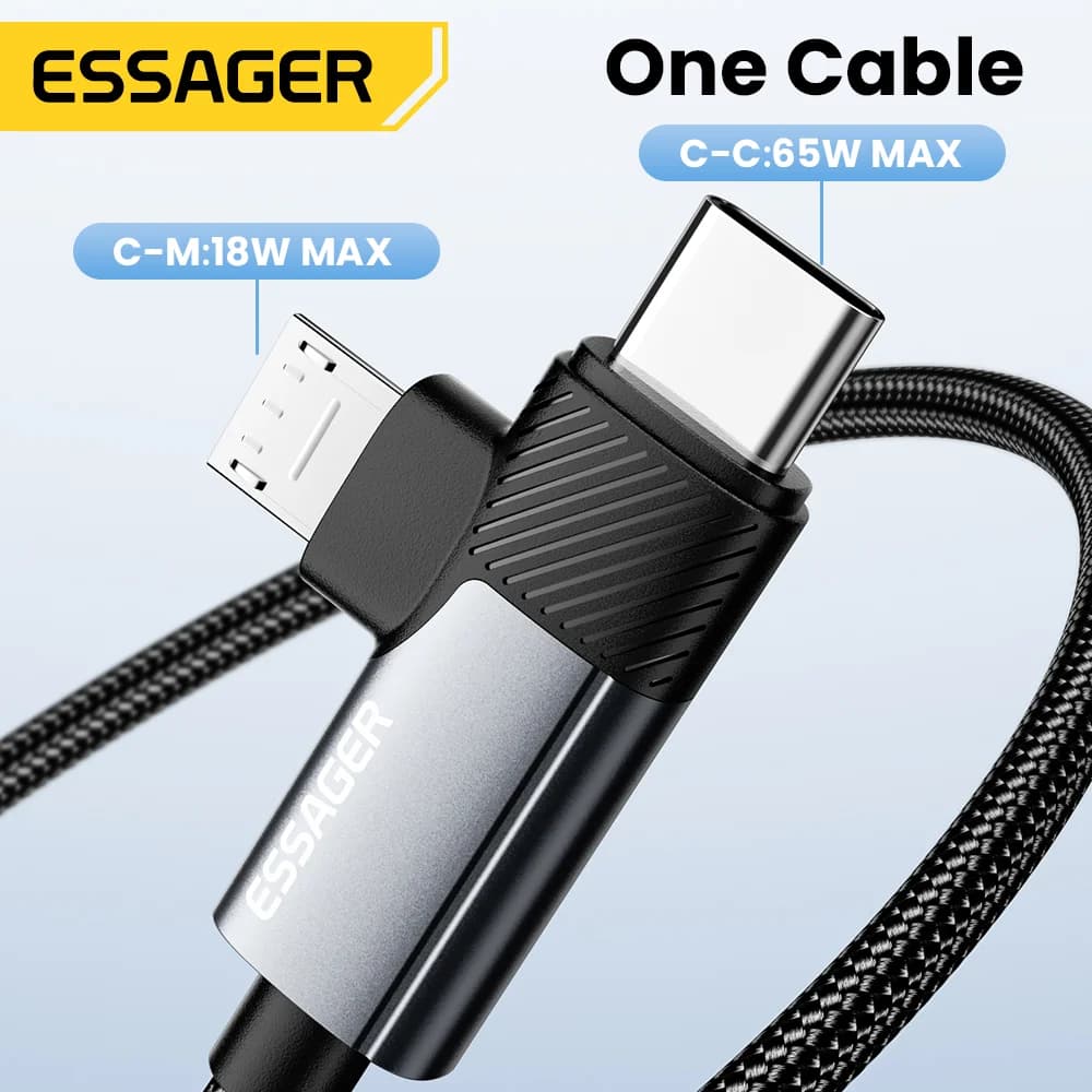 2-in-1 65W PD kiirlaadimiskaabel Type-C/USB-A Micro-le