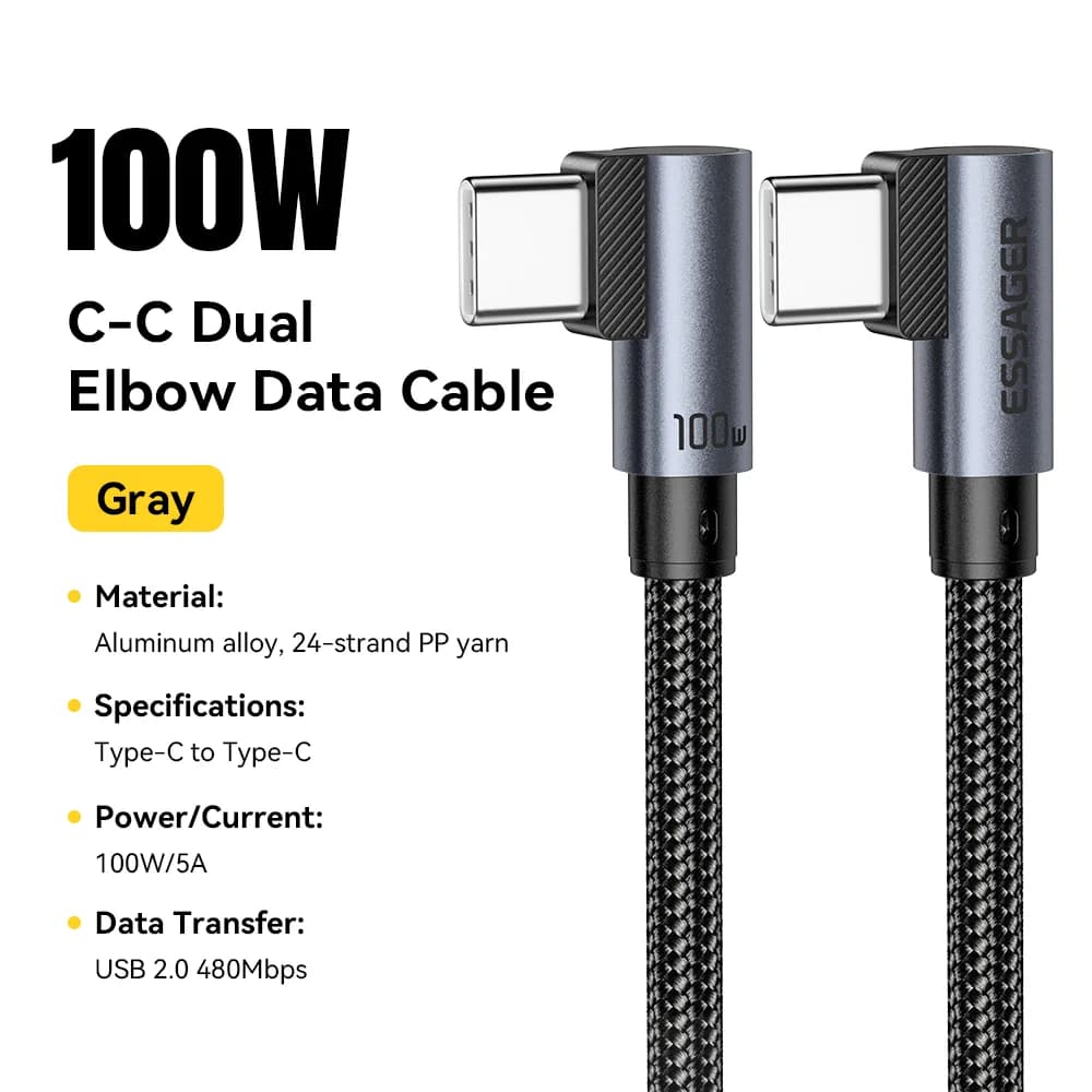 Elbow 100W USB-C kuni USB-C kiirlaadimiskaabel