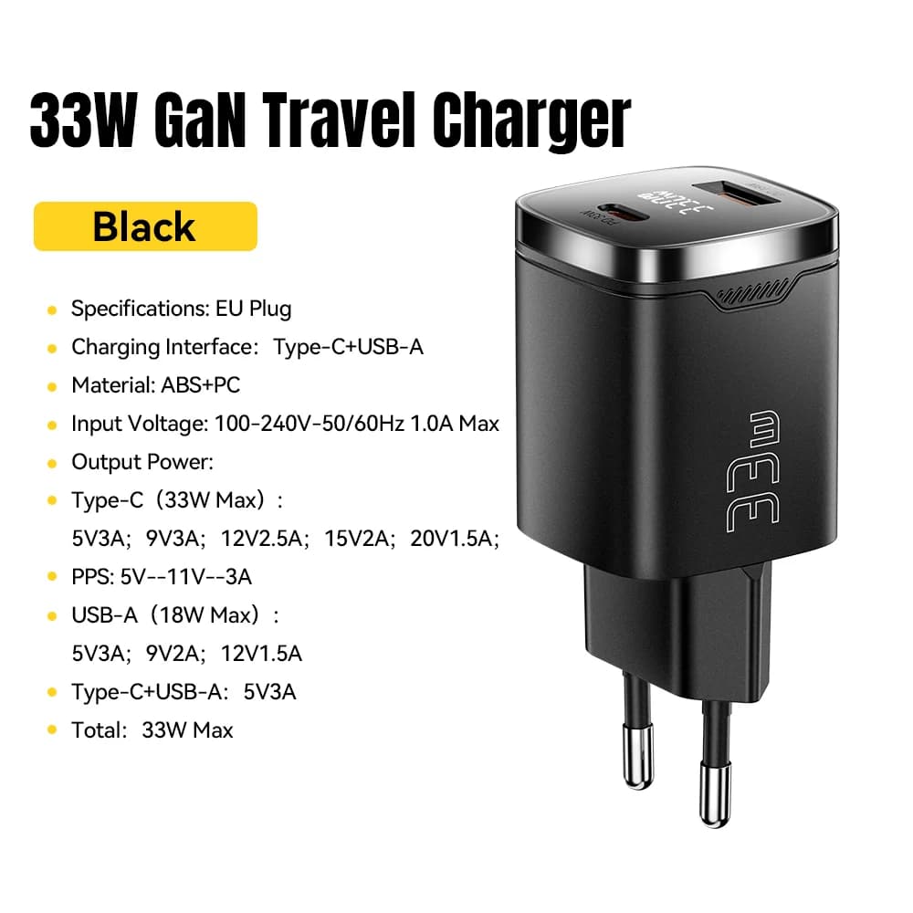 33W GaN USB-C laadija digitaalse ekraaniga PD