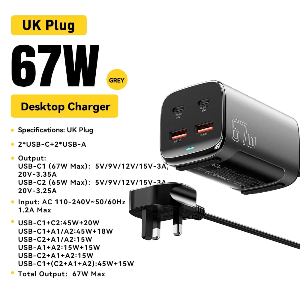 67W GaN USB-C lauaadapater kiirlaadijaga